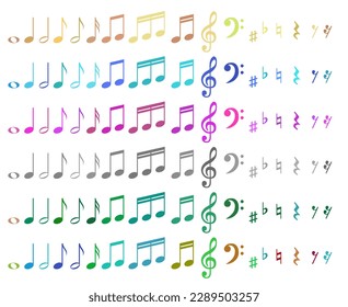 Set of musical notes, music sheet, blackwhite and colorful versions vector illustration