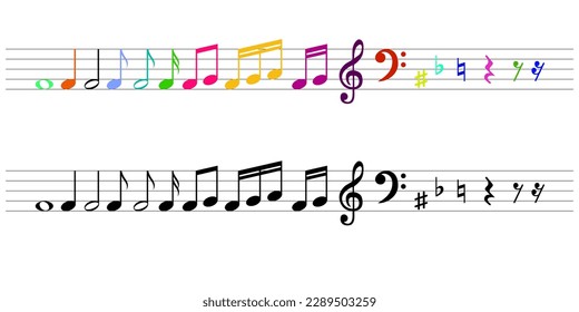 Conjunto de notas musicales, hojas de música, versiones en blanco negro y coloridas ilustraciones vectoriales