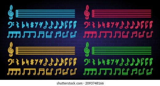 Set of musical notes  with neon light glow elements