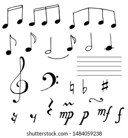 set of musical notes signs. doodle sketch hand draw notes, treble clef, forte and piano.  Print or Poster Design, Card, dishes, clothes, web sites, printed materials, textile, wrapping paper