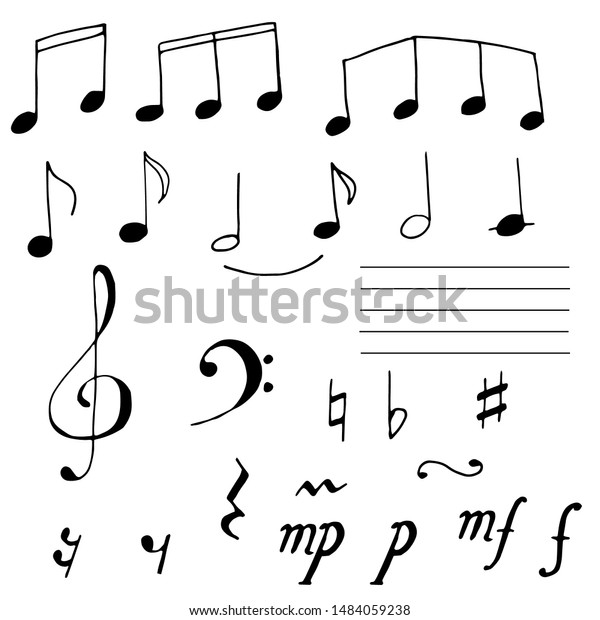 音符記号のセット 落書き風スケッチ手描きのノート 高音のクレフ フォート ピアノ のベクター画像素材 ロイヤリティフリー