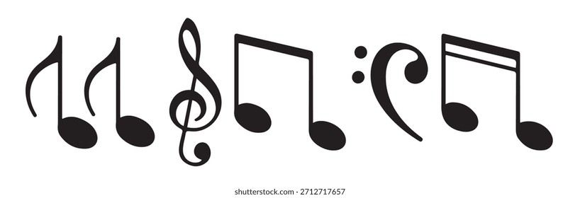Conjunto de notas musicales y símbolos sobre fondo blanco agudo