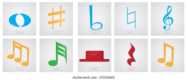Set of musical notes and text on grey backgrounds