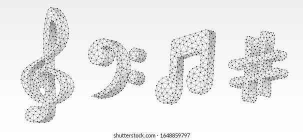 Set of musical notes. Treble clef, bass clef, melody key, melody note, festival poster or banner. Low poly, wireframe 3d vector illustration. Abstract polygonal image on white origami background