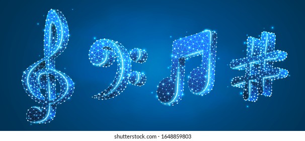 Set of musical notes. Treble clef, bass clef, melody key, festival poster, banner or template. Low poly, wireframe 3d vector illustration. Abstract polygonal image on blue neon background