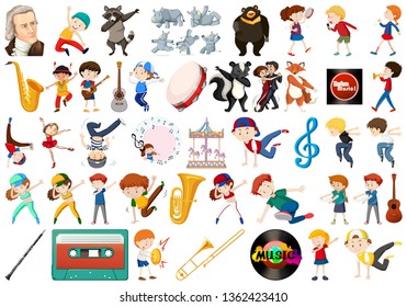 Set of musical objects and danceing illustration