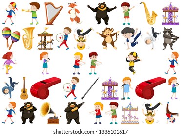Set of musical objects and people