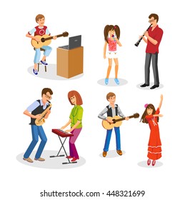 Set of musical parents and children playing music, singing and dancing.Vectorl