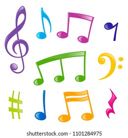 Set of musical signs of different colors, cartoon style