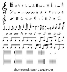 Set of musical signs and symbols on white background