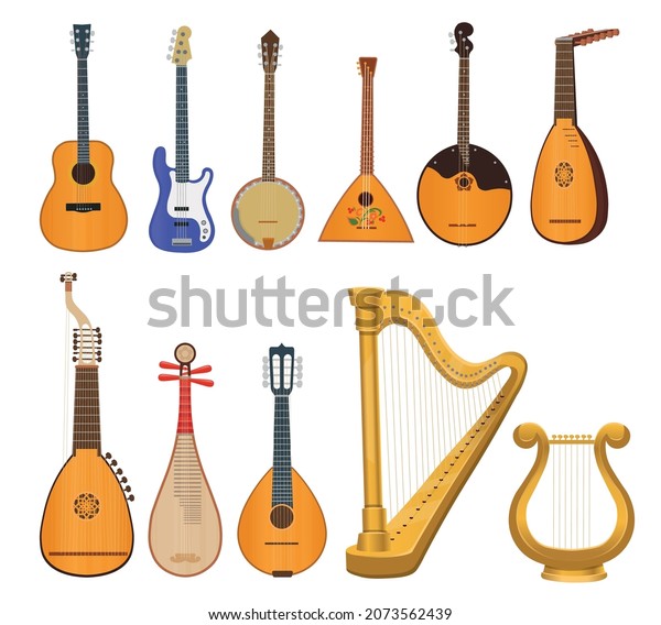 Set of musical string plucked\
instruments: guitar, harp, lute, lyre, balalaika, mandolin, domra,\
banjo on white\
background.Vector.