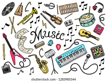 Set of musical symbols and icons. Guitar Drums Piano, creative tools and hobbies. Vintage outline sketch for web banners. Education concept. Back to school background. Hand drawn Doodle style.