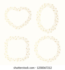 Set of musical theme golden round, oval, heart shape frames with notes and clef. Gold music border. Vector isolated element.