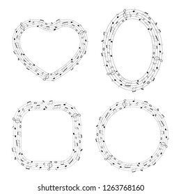 Set of musical theme round, oval, heart shape frames with notes and clef. Music border. Vector isolated element.