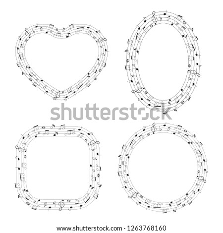 Set of musical theme round, oval, heart shape frames with notes and clef. Music border. Vector isolated element.