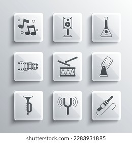 Set Musical tuning fork, Audio jack, Microphone, Drum with drum sticks, Trumpet, Xylophone, note, tone and Balalaika icon. Vector