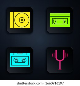 Set Musical tuning fork, CD or DVD disk, Retro audio cassette tape and VHS video cassette tape. Black square button. Vector