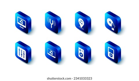 Set Musical tuning fork, Location musical note, DJ playing, player, Stereo speaker, Laptop with, Sound mixer controller and Computer icon. Vector