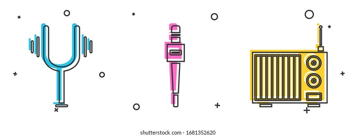 Set Musical tuning fork, Microphone and Radio with antenna icon. Vector
