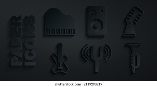 Set Musical tuning fork, Microphone, Electric bass guitar, Trumpet, Stereo speaker and Grand piano icon. Vector
