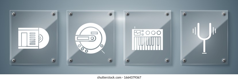 Set Musical tuning fork, Music synthesizer, Music CD player and Vinyl disk. Square glass panels. Vector