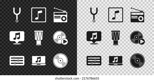 Set Musical tuning fork, note, tone, Radio with antenna, Sound mixer controller, Laptop music, Vinyl disk, speech bubble and Drum icon. Vector