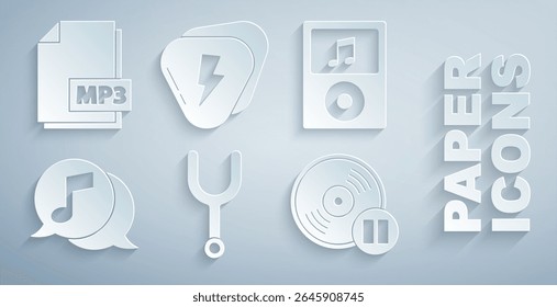 Set Musical tuning fork, player, note speech bubble, Vinyl disk, Guitar pick and MP3 file document icon. Vector