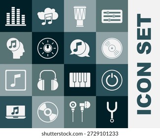 Set Musical tuning fork, Power button, Vinyl disk, Drum, Dial knob level technology settings, note human head, equalizer and speech bubble icon. Vector