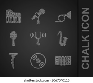 Set Musical tuning fork, Vinyl disk, Accordion, instrument saxophone, Drum and drum sticks, Maracas, Trumpet and Grand piano icon. Vector
