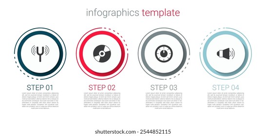 Definir diapasão musical, disco de vinil, controlador de mixer de som e Megaphone. Modelo de infográfico comercial. Vetor