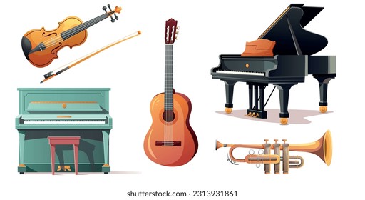 Conjunto de instrumentos vectoriales musicales. Instrumentos eólicos, grandes pianos, violín y guitarra. Ilustración vectorial para el diseño. Estilo de caricatura. Estilo plano.