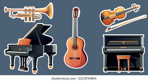 Conjunto de instrumentos vectoriales musicales. Instrumentos eólicos, grandes pianos, violín y guitarra. Ilustración vectorial para el diseño. Pegatinas. Estilo de caricatura. Estilo plano.