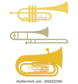 Set of musical wind instruments trumpet trombone tuba, color isolated vector illustration