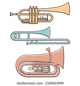 Set of musical wind instruments trumpet trombone tuba, color isolated vector illustration