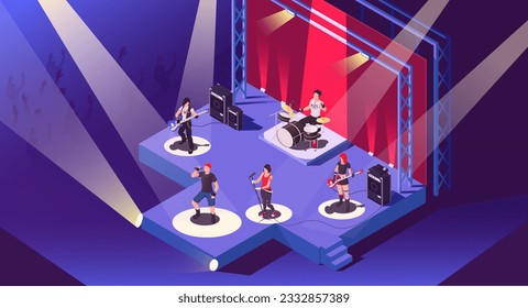 Set of musician, concert, show, scene, play music, guitarist, drummer, singer, rock band, bass guitar, cartoon singer, vocalist, group concert, microphone, playing music. Isometric vector illustration