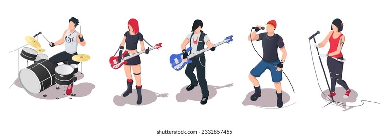 Set of musician, guitarist, drummer, singer, rock band, bass guitar, cartoon singer, vocalist, group concert, microphone, playing music. Isolated on white background. Isometric vector illustration