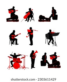 Aislamiento de la ilustración de la silueta vectorial de instrumentos musicales. Artista de guitarra, contrabando, violín, flautista, bagpiper, clarinete, bajo doble, trompeta, bugler, tambor, violonchelista