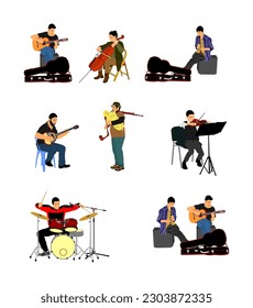 Conjunto de músicos con ilustración de vector de instrumentos musicales aislados en blanco. Artista de guitarra, contrabando, violín, flautista, bagpiper, clarinete, bajo doble, trompeta, bugler, tambor, violonchelista