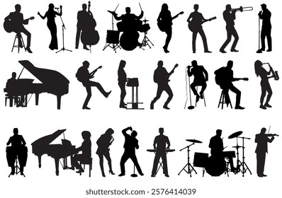 Set of musician silhouette vector illustration on isolated white background. 
