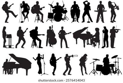 Set of musician silhouette vector illustration on isolated white background. 
