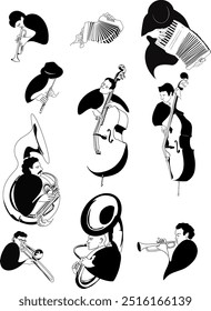 Set of musicians black and white illustration. Vector illustration.