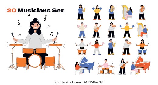 conjunto de músicos de estilo moderno y plano. Arte de línea. 20 músicos tocan instrumentos musicales, tambores, violín, guitarra, chelo, arpa, piano. Ilustración vectorial. Caracteres. Notas. Representación musical. Aislado