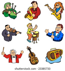 Set of musicians and music related objects, cartoon style, vector illustration