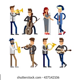 Set of musicians people, flat vector illustration. Musician cartoon characters isolated on white background. Singer, guitarist, cellist, saxophonist, violinist, horn player, trumpeter. Brass band. 