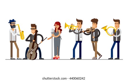 Set of musicians people, flat vector illustration. Musician cartoon characters isolated on white background. Singer, guitarist, cellist, saxophonist, violinist, horn player, trumpeter. Brass band. 