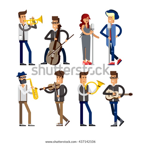 音楽家の人々のセット 平らなベクターイラスト 白い背景にミュージシャンの漫画のキャラクター 歌手 ギタリスト セロリスト サクソフォニスト バイオリニスト ホーンプレーヤー トランペター ブラスバンド のベクター画像素材 ロイヤリティフリー