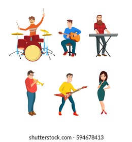 Set of musicians people, playing on musical instruments - singer, guitarist, horn player, pianist, trumpeter. Brass band. Flat design musician cartoon characters isolated on white background. Vector.