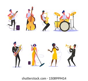 Set of musicians performing on scene. Group of musicians singing and playing musical instruments. Performance concept. Vector illustration can be used for presentation, project, webpage