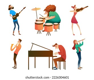 Set of musicians performing on scene. Group of musicians singing and playing musical instruments. Talented musicians, band members performance. Vector flat illustration