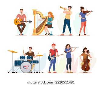 Set of musicians playing musical instruments. Collection of musical instruments. Guitar player. People in the orchestra. Drummer, harpist. Flat vector illustration.